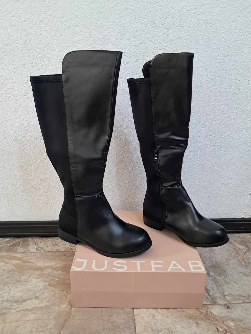 Just Fab Tinsley Boots 9 Black Knee High Round Toe Whimsigoth Biker Equestrian